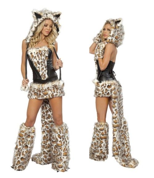 

Sexy Furry Leopard Print Furry Halloween Costume COS catwomen Cat/Wolf/Leopard Nightclub Clothing party christmas wear set gift, Black