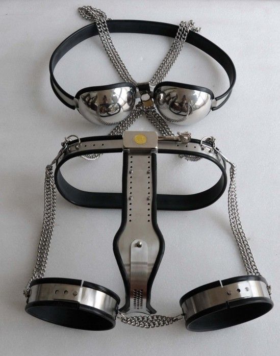 Black Color Female Adjustable T Type Steel Chastity Belt Thigh Cuff And Stainless Steel Bra