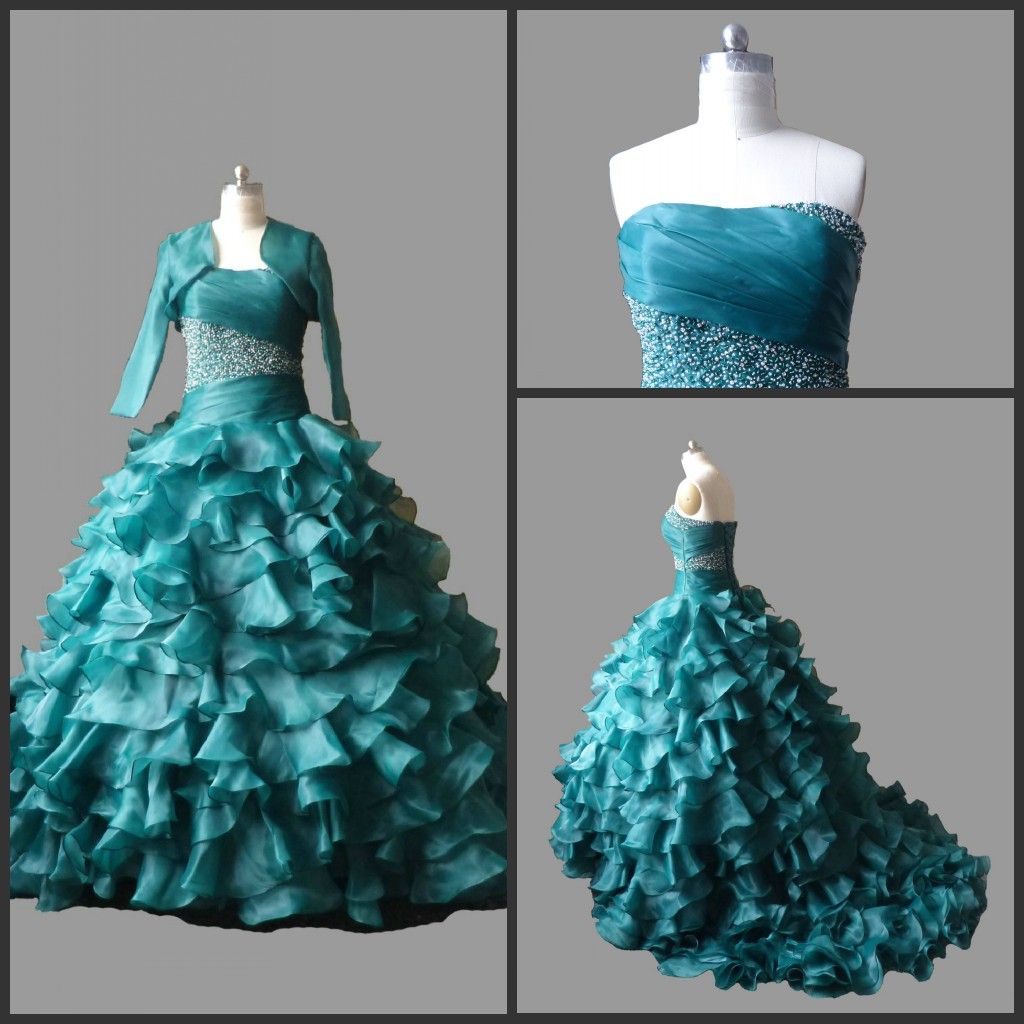 Plus Size Quinceanera Dresses With Bolero Strapless Beaded Bodice Teal