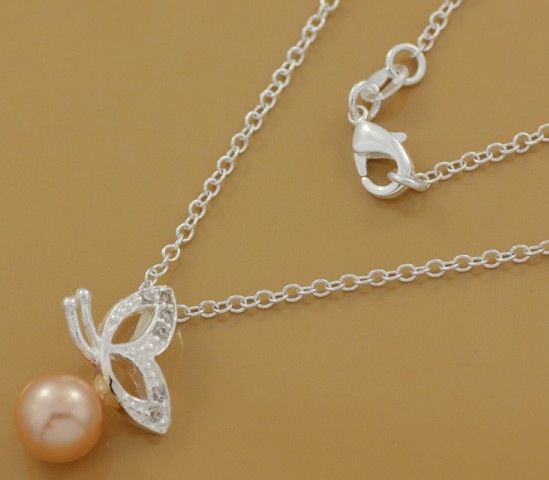 Free Shipping with tracking number Best Most Hot sell Women's Delicate Gift Jewelry 925 Silver Pearl Butterfly Necklace