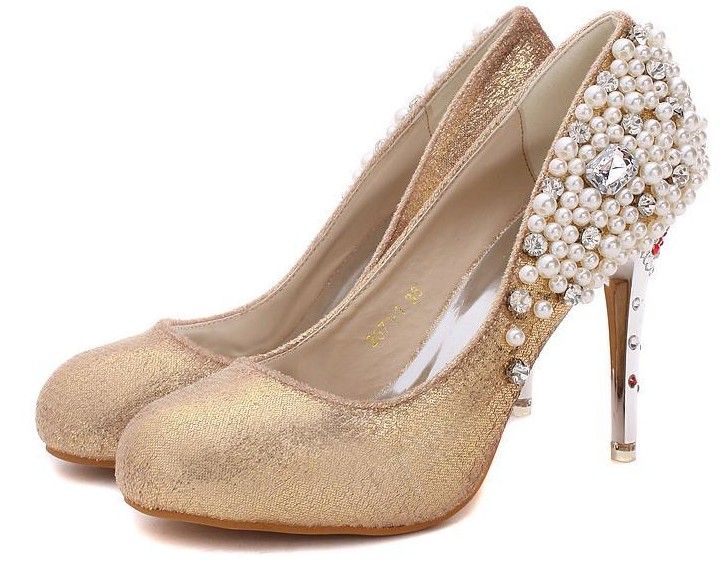 Glitter Gold 9cm Bridal High Heels Shoes Pearl Wedding Bridesmaid Shoes Party Shoe Size 34 38