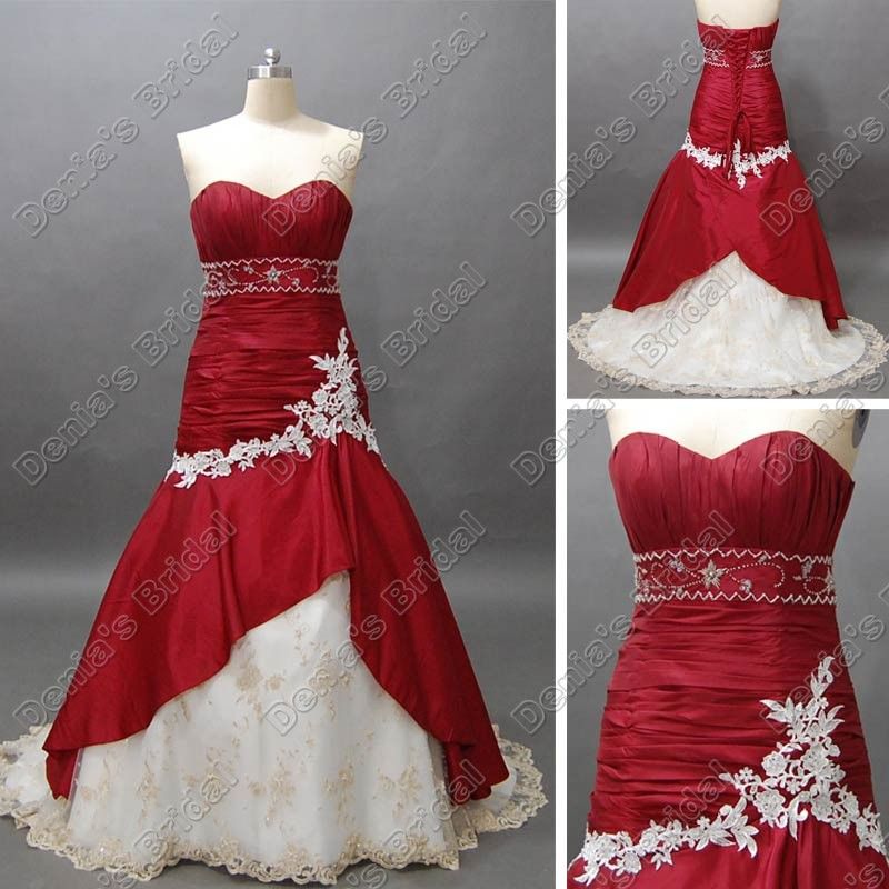 Wine Red And White Bridal Wedding Dress Sweetheart Mermaid Beaded