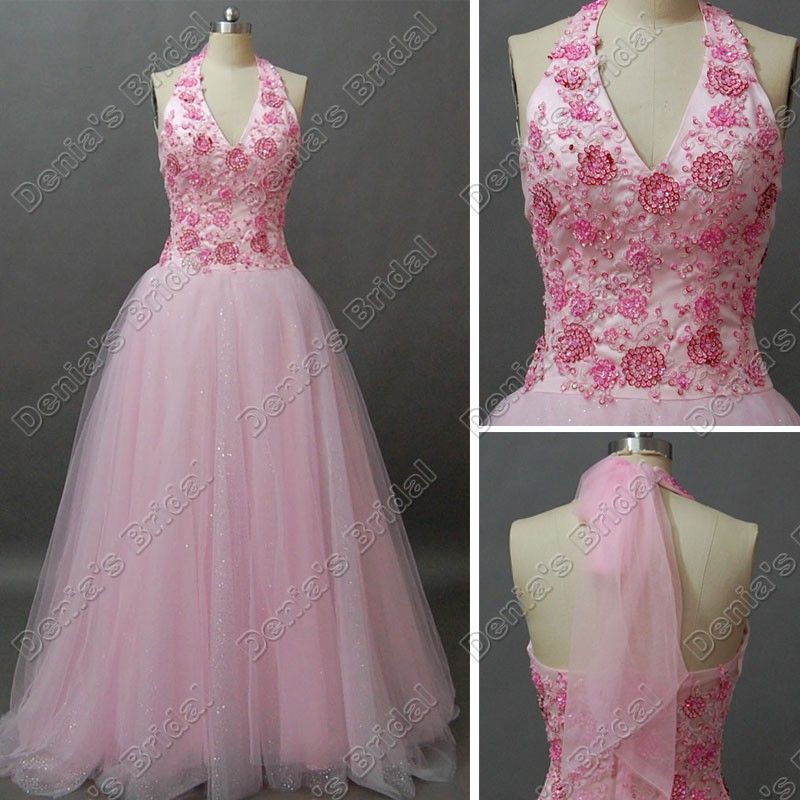Discount Pink Glitter Flower Beaded Tulle Wedding Dress Halter V Neck