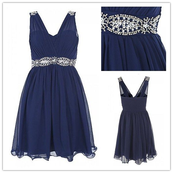 Cheap Navy Blue Party Dresses Sequin Beaded Sheer Straps V Neck Pleated Chiffon Embellished
