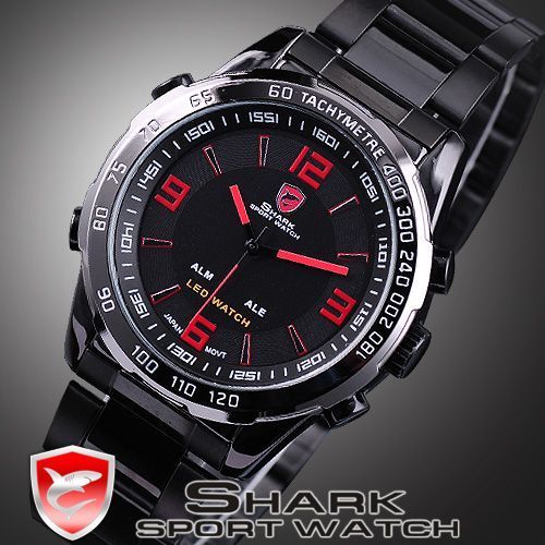 Shark Led Quartz Digital Watches Men Sport Stainless Steel Date Day