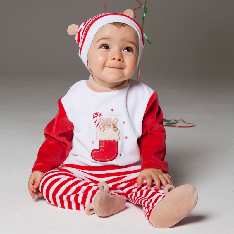 Christmas Baby Sets in 1 Striped Cap Infant Outfits Tee Shoes Suits Socks Top Pajamas Pant C413 