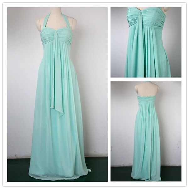 Actual Images Mint Bridesmaid Dresses Empire Waist Halter Pleated
