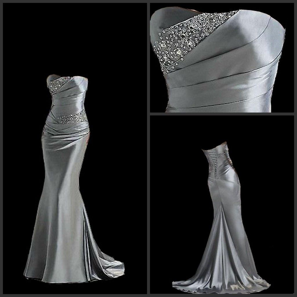 2015 Silver Bridesmaid Dresses Fahion Strapless Brush Train Beaded