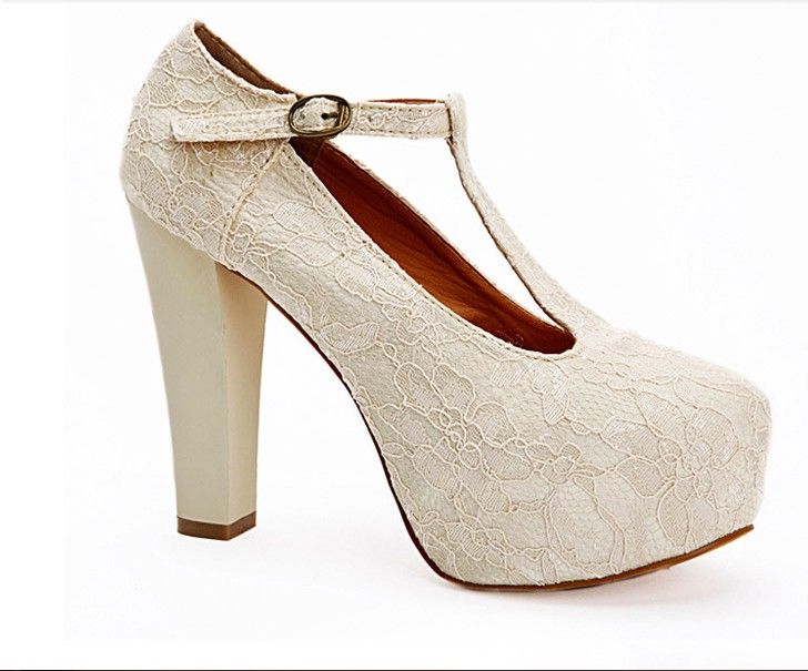 Ivory Lace Wedding Wedge T-Strap Platform Women Waterproof Shoes ...