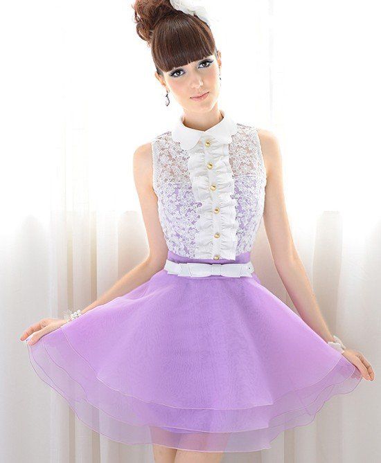 2017 Newest Lady Petal Collar Purple Lace Dress Sleeveless Shirt