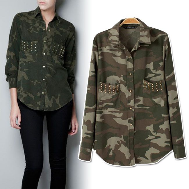 2017 Wholesale New Womens Casual Rivet Military Shirts Army Green Lapel