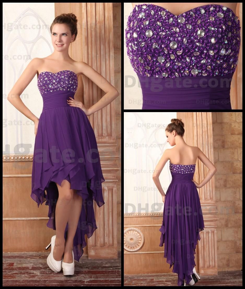 Lovely Purple Short Prom Dresses Ruched Chiffon Beads Sweetheart Hi Low