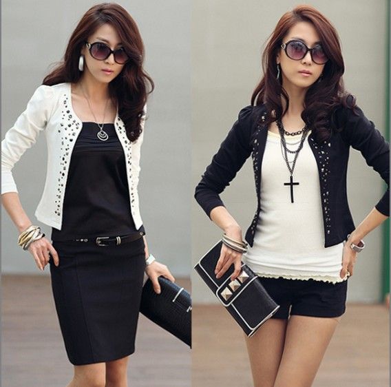 Women Coat Suit Jacket Korea Rivet Short Long Sleeve Slim Blazer