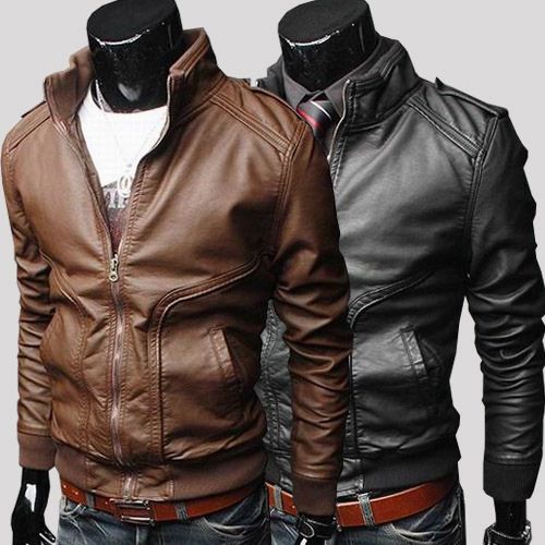 Brown/Black High Collar Men's Leather Bomber Jackets Baseball Jackets