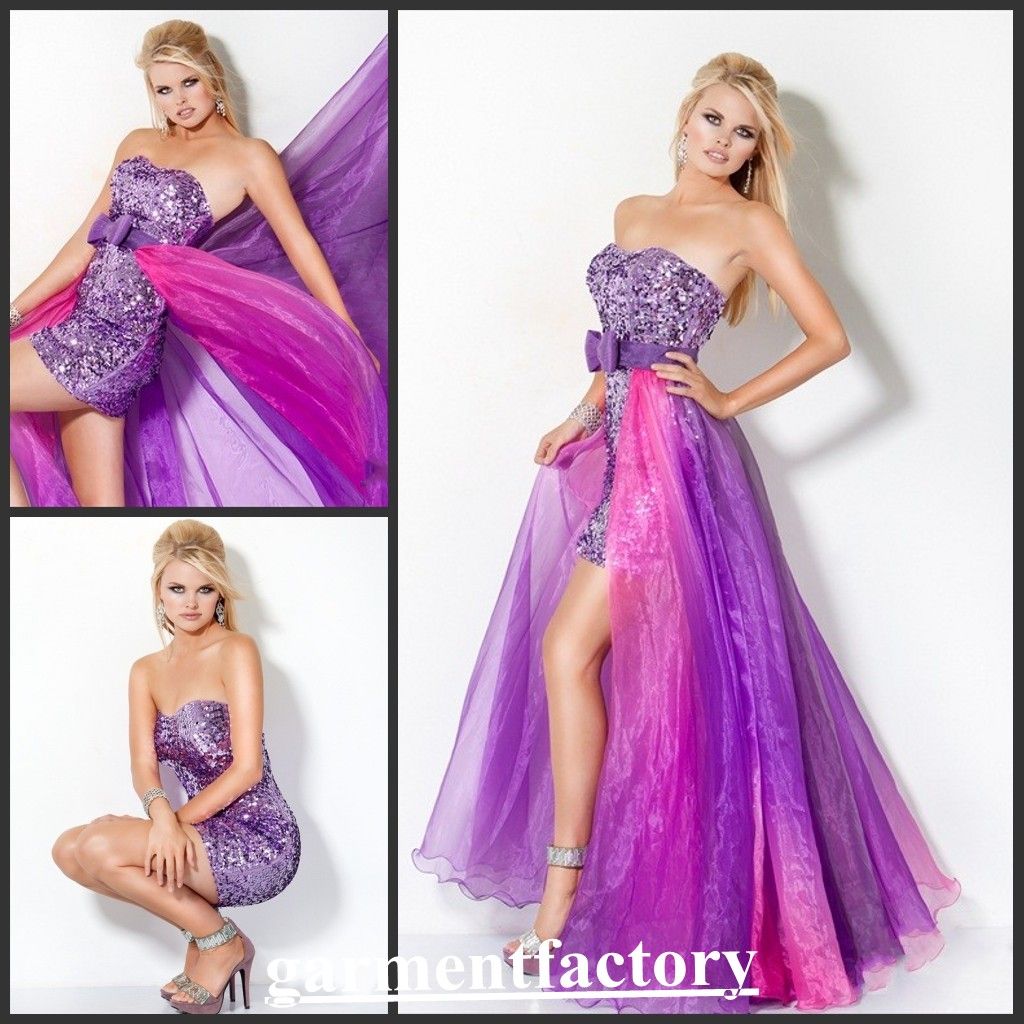 Sequined Purple Prom Dress With Detachable Skirt 2012 Latest Bandage Derss With Removable Train