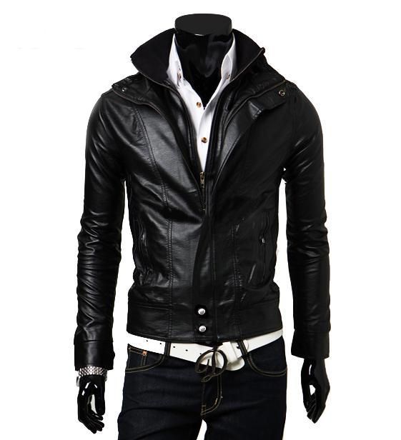 Fashion Mens Black Double Collar Leather Jacket Men's Slim Washing Pu