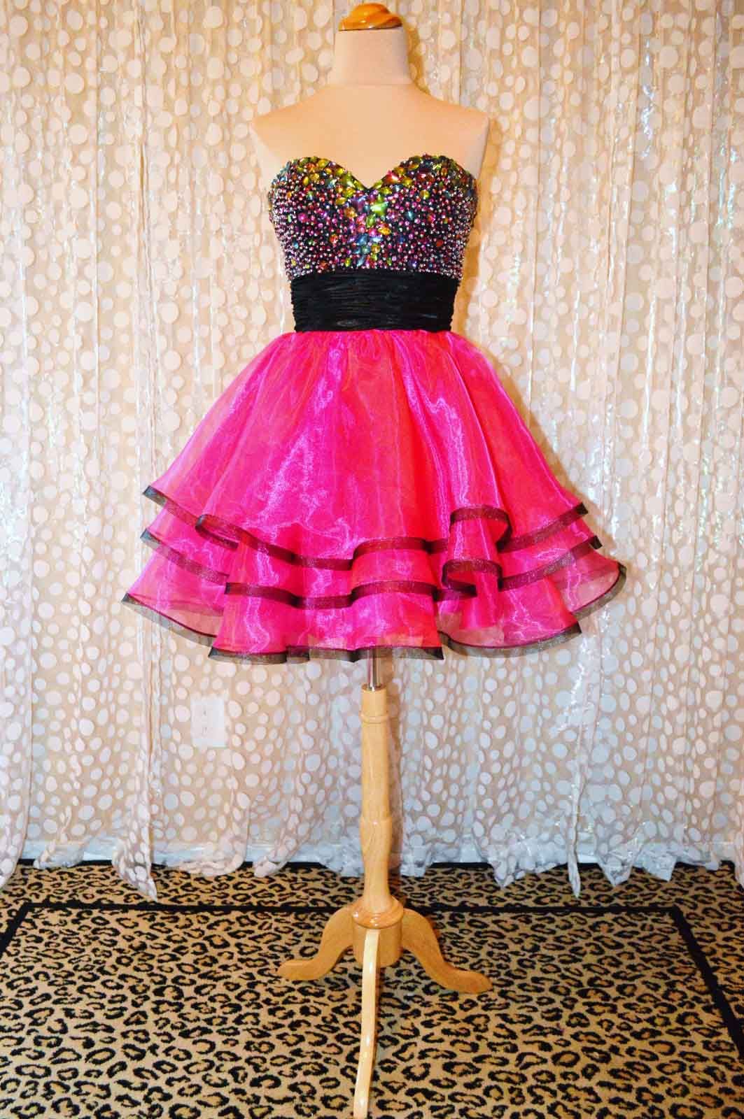 New Style Sexy Black And Pink Party Dresses Beaded Tiered Short