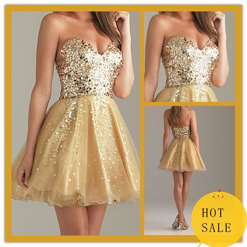 Evening Dress Sale on Wholesale 2012 Hot Sale Short Prom Dresses Gold Sweetheart Sequin Lace