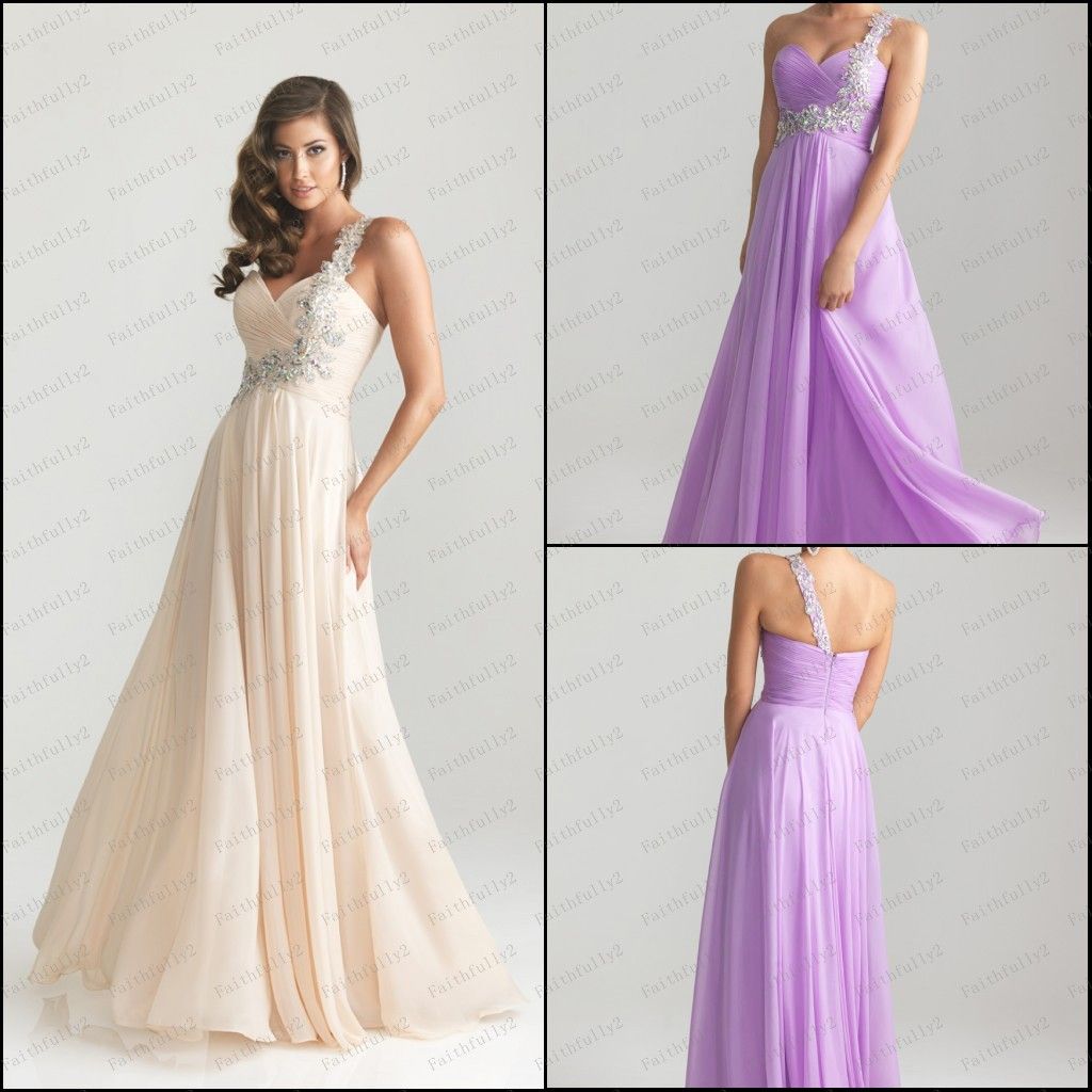 Modest One Shoulder Prom Dress Beads Strap Chiffon Diagonal Pleats Full