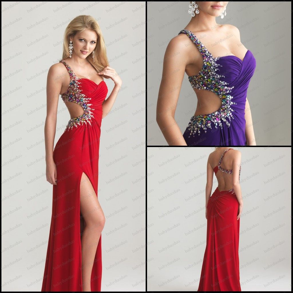 Sexy Red Purple Cut Out Back Evening Dresses Ruched Prom Dresses Chiffon Beaded Party Dresses 