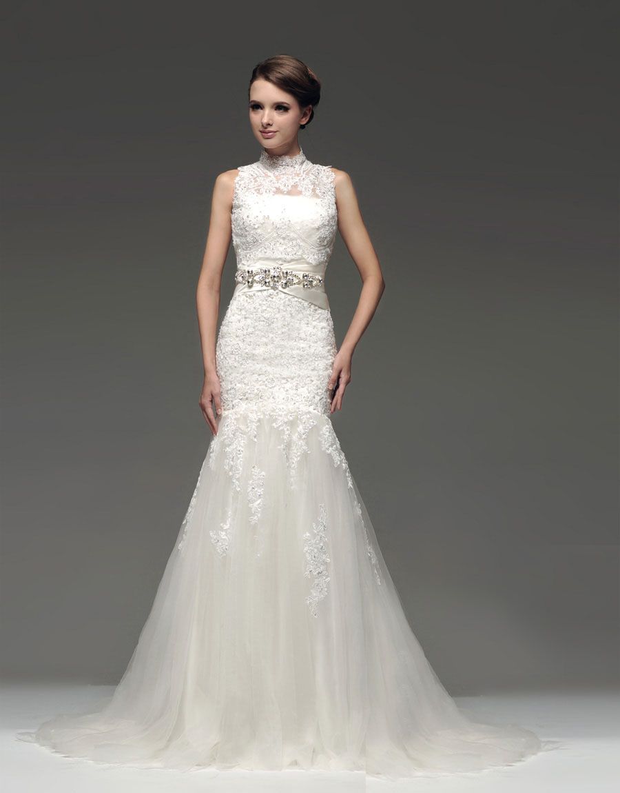 Mermaid Wedding Dresses Strapless Lace Applique Tulle Wedding Gown With