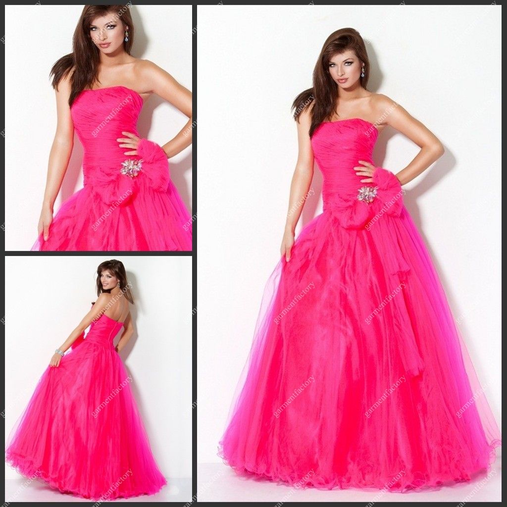 Australian Style Puffy Cheap Prom Dress 2013 New Strapless Hot Pink Organza Gala Pageant Dress