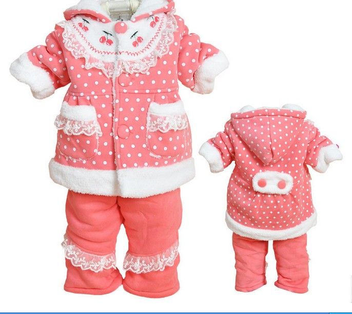 2017 Winter Baby Clothing Cute Lace Hoodies Cotton Coat+Pants Girls Clothes Set Kids Baby's Suit