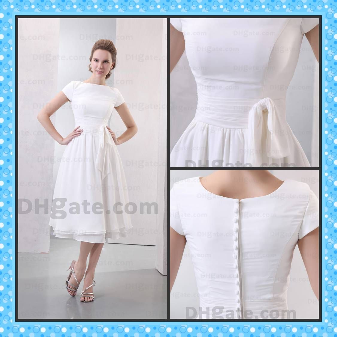 Real Photos White Bridesmaid Dress A Line Bateau Short Sleeves Tea