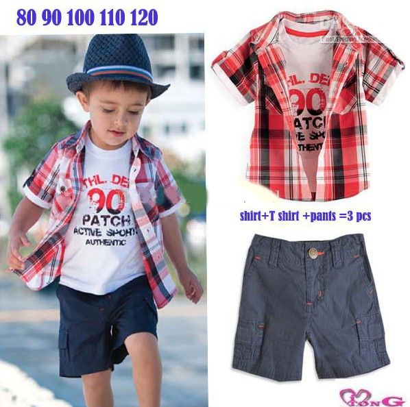 2017 Baby Boys Outfits Set Short Sleeve Latice Shirt + T Shirt + Casual