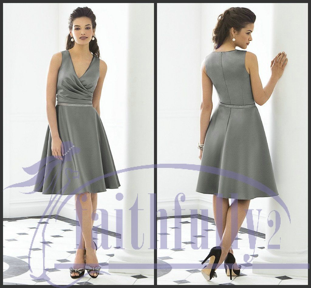 Sizes Available Bridesmaids Dress Charcoal Gray V Neck Flare Belt