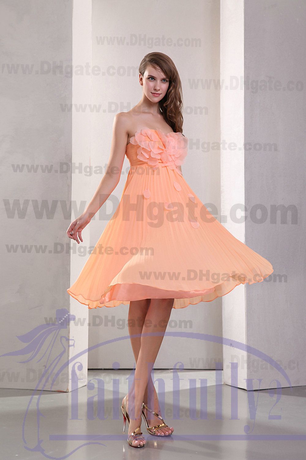 Pale Orange Dress Strapless Handmade Flower Beading Knee