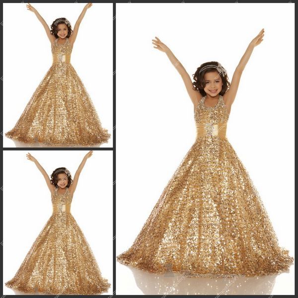 Shiny Girls Pageant Dresses Size Halter A Line Long Gold Sequined