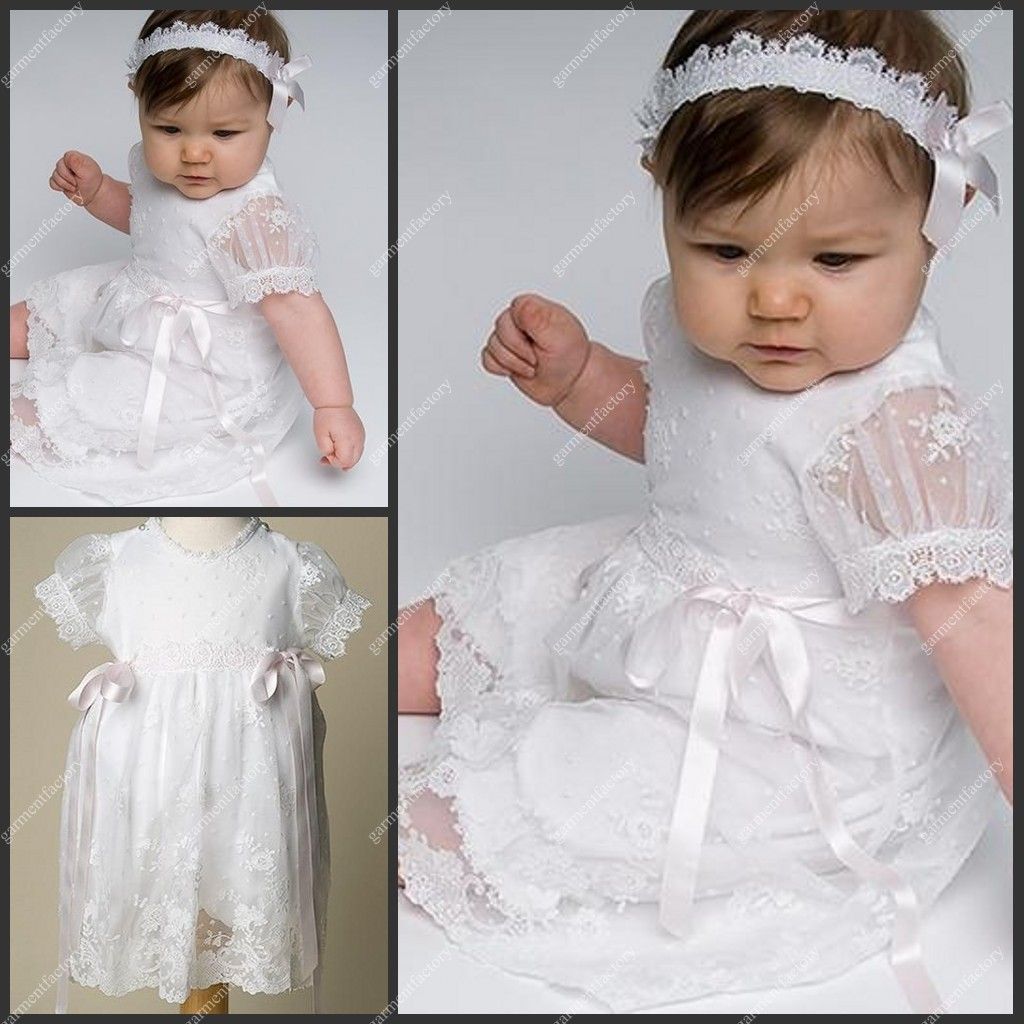 Hot Sales Baby Girls Christening Gowns Short Sleeve Lace Overlay Cotton