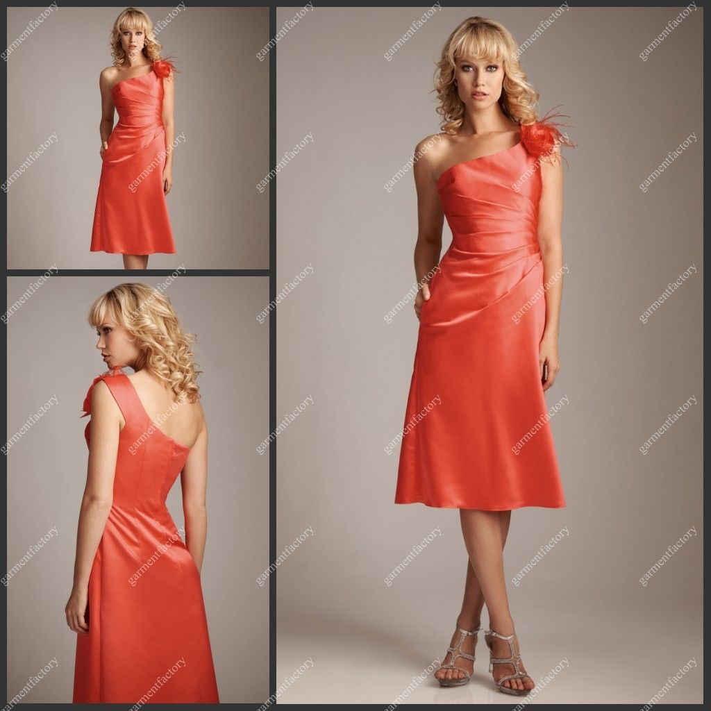 Bridesmaid Dresses Coral Colour Satin 2012 Hot One Shoulder A Line Knee