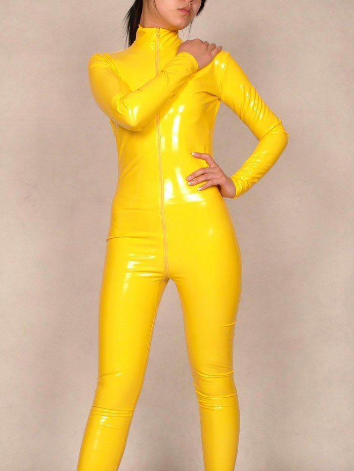 2017 Womens Pvc Bodysuit Zentai Suit Yellow Catsuit Costume Fancy Dress For Valentine'S Day