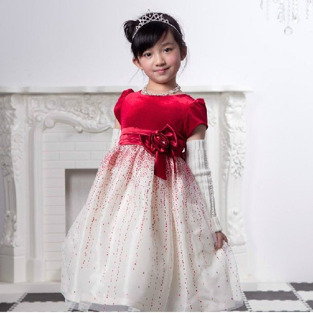 Lovely Red And White Flower Girls Formal Occasion Dresses Short Sleeves