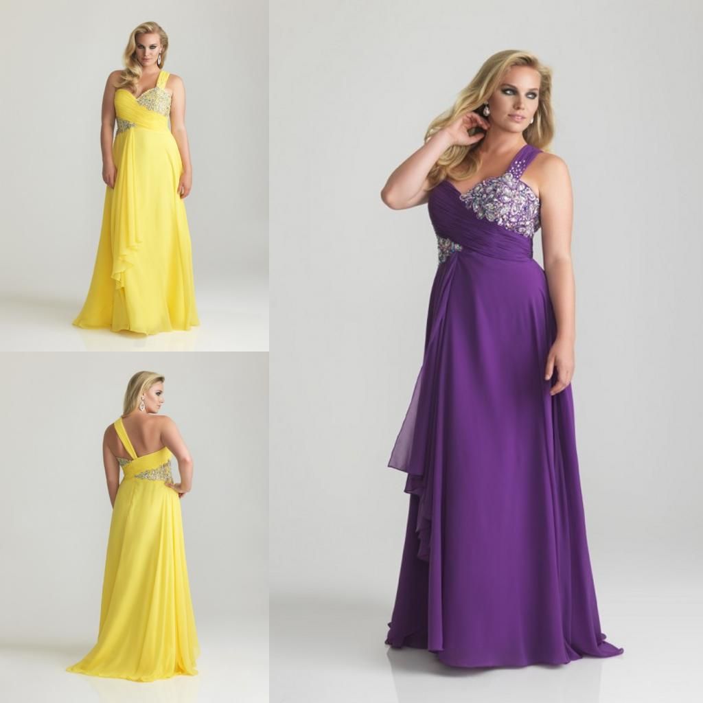 Plus Size Purple Yellow One Shoulder Chiffon Empire Evening Dress Prom