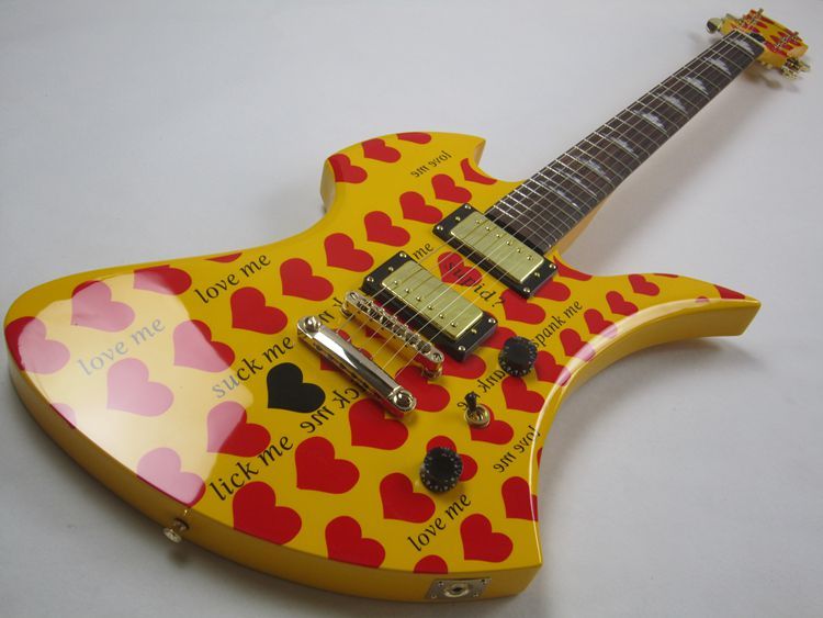 Electric Guitar, Yellow Body With Red Heart Print, Hide Yellow Heart