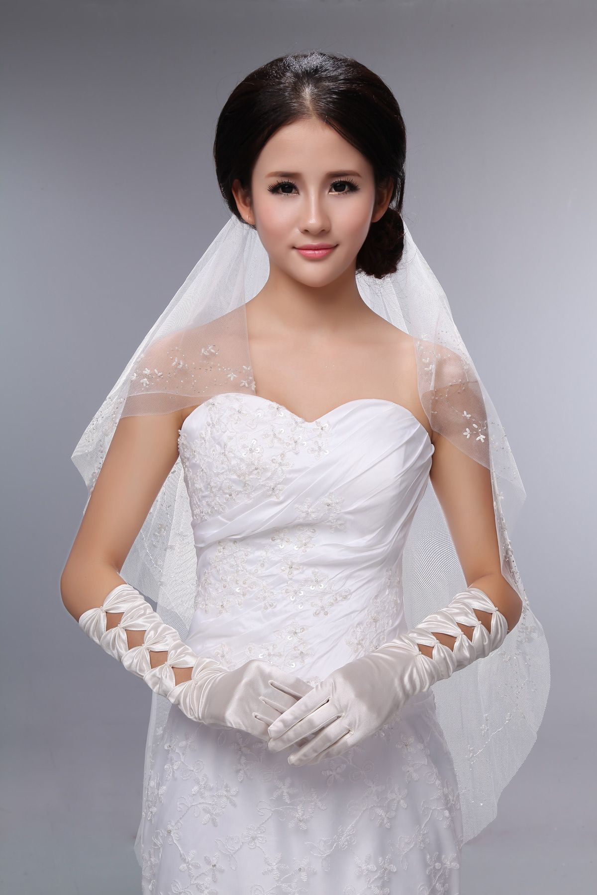 New White Beading Bridal Accessories Gloves With Finger For Wedding