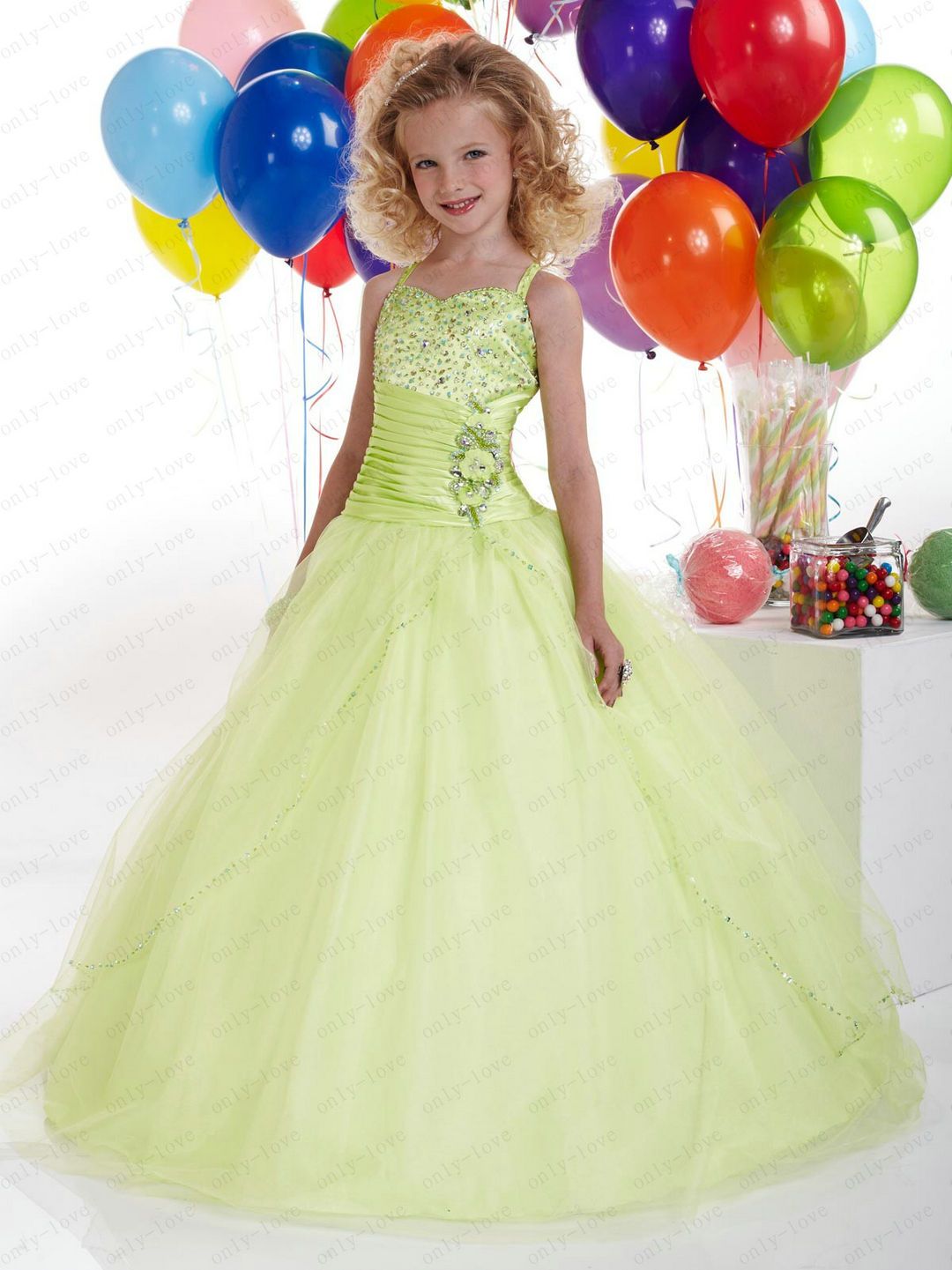 Lime Green A Line Flower Girl Dresses Spaghetti Strap Beads Crystal