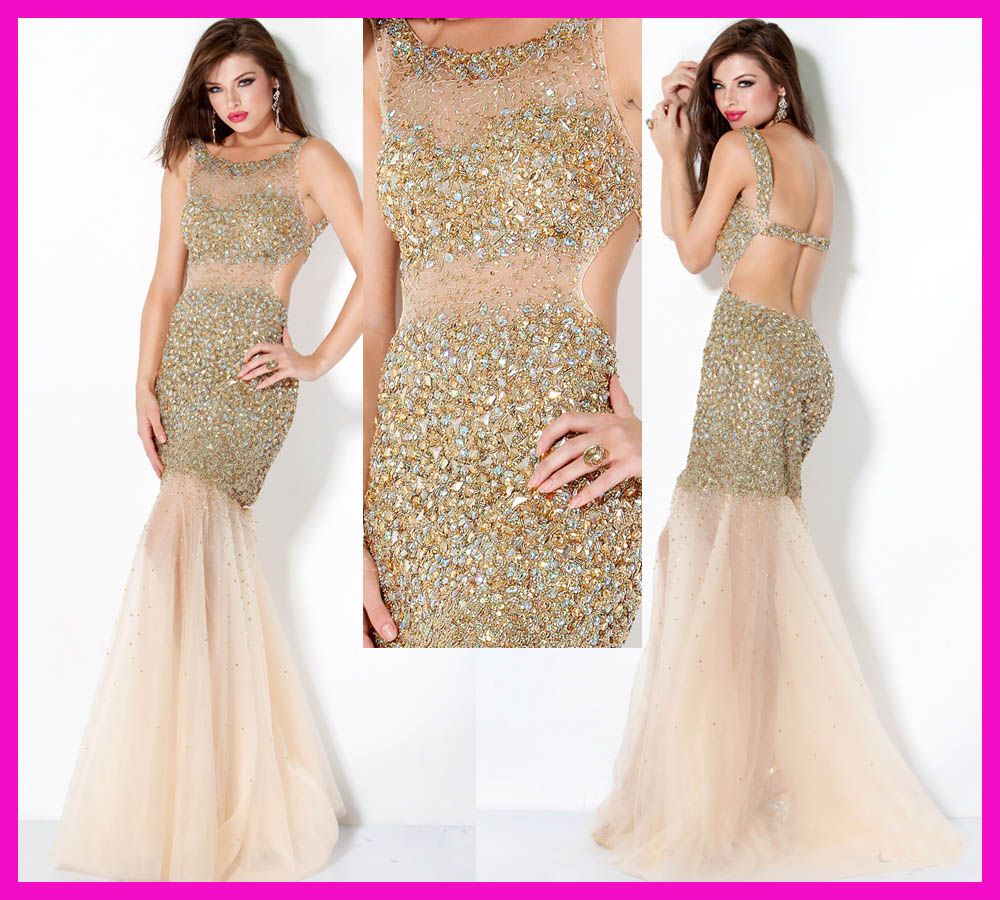 Backless gold prom dresses