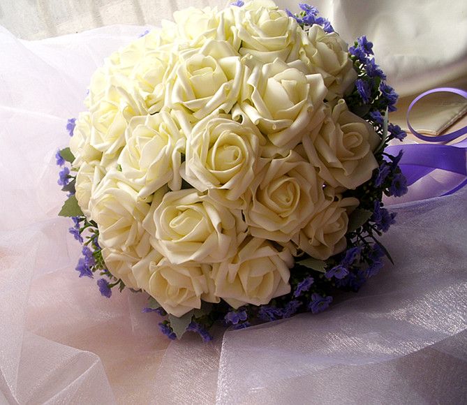 White Artificial Flower Bouquet Cascading Silk Wedding Rose Flowers