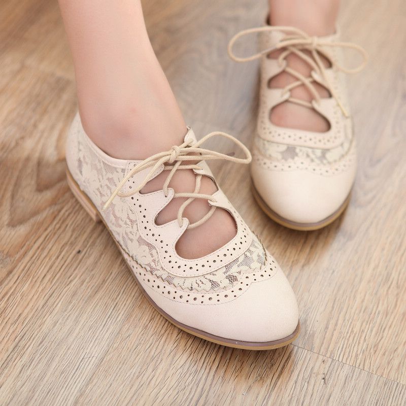Women Casual Shoes Fashion Flat Shoes Lace Leather Shoes Ladies Cream ...