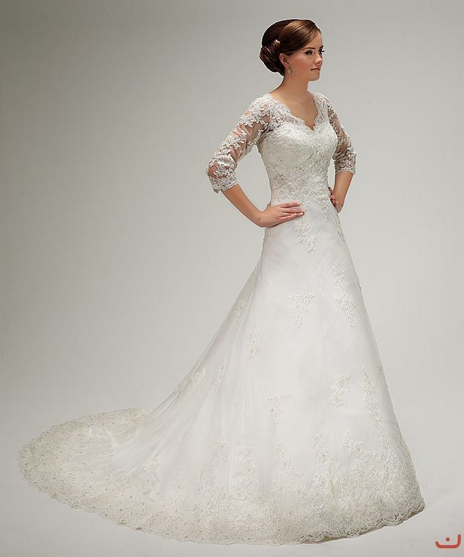 quarter sleeve V-neck Beaded Lace Chapel Train Bridal Wedding Dress ...