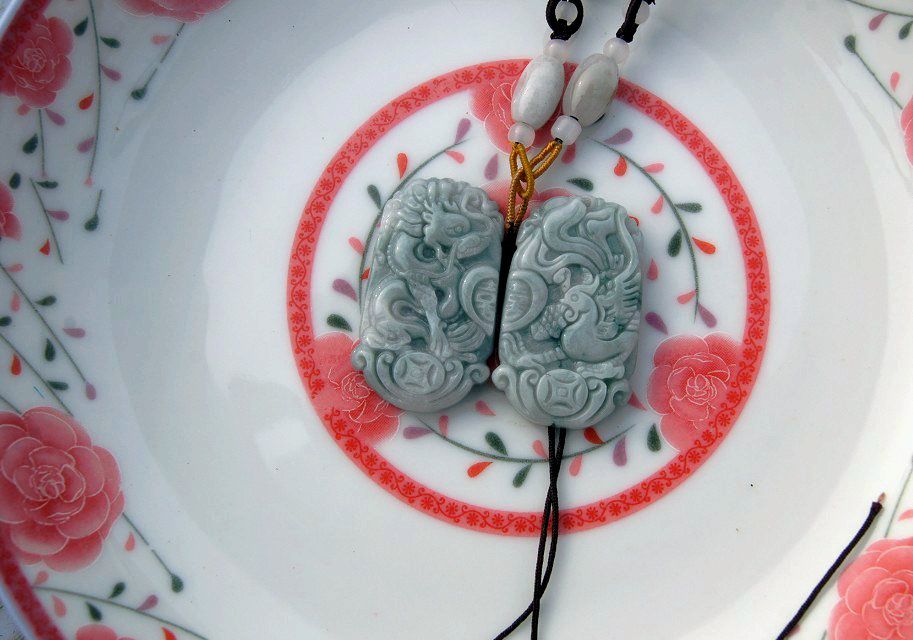 Hand-carved.Oil cyan jade, Double Happiness to concentric Fengpei - couple pairs.