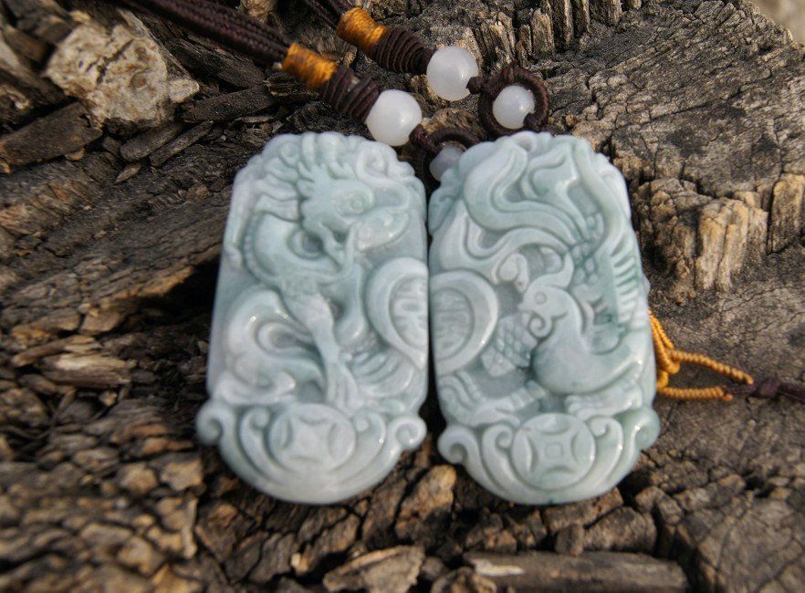 Hand-carved.Oil cyan jade, Double Happiness to concentric Fengpei - couple pairs.