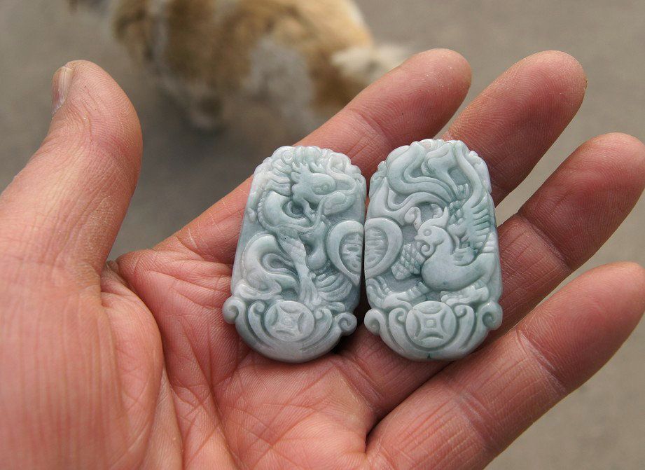 Hand-carved.Oil cyan jade, Double Happiness to concentric Fengpei - couple pairs.