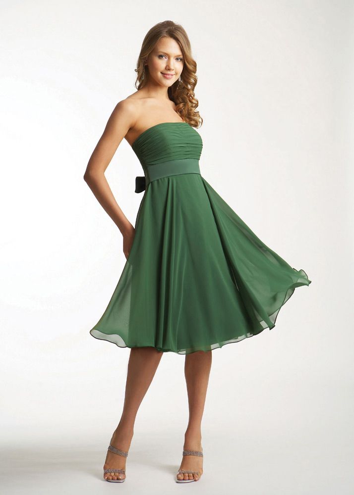 Strapless Chiffon A Line Ribbon Waist Bow Adorned Knee Length