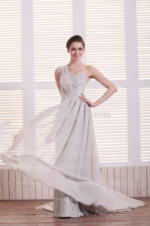 Light Grey Mother Of The Bride Dress Lace One Shoulder Beaded Chffon