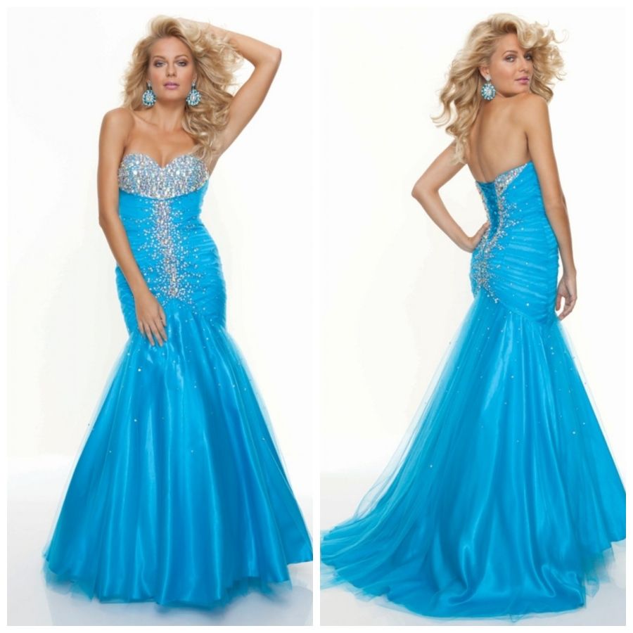 Fashion Beads Sweetheart Ruched Mermaid Ocean Blue Evening Prom Dresses